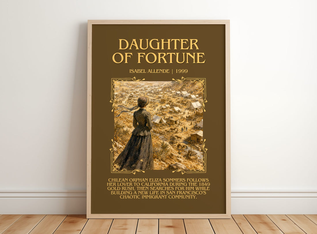 Daughter of Fortune Minimalist Book Poster by Isabel Allende – framed print leaning on a wooden floor