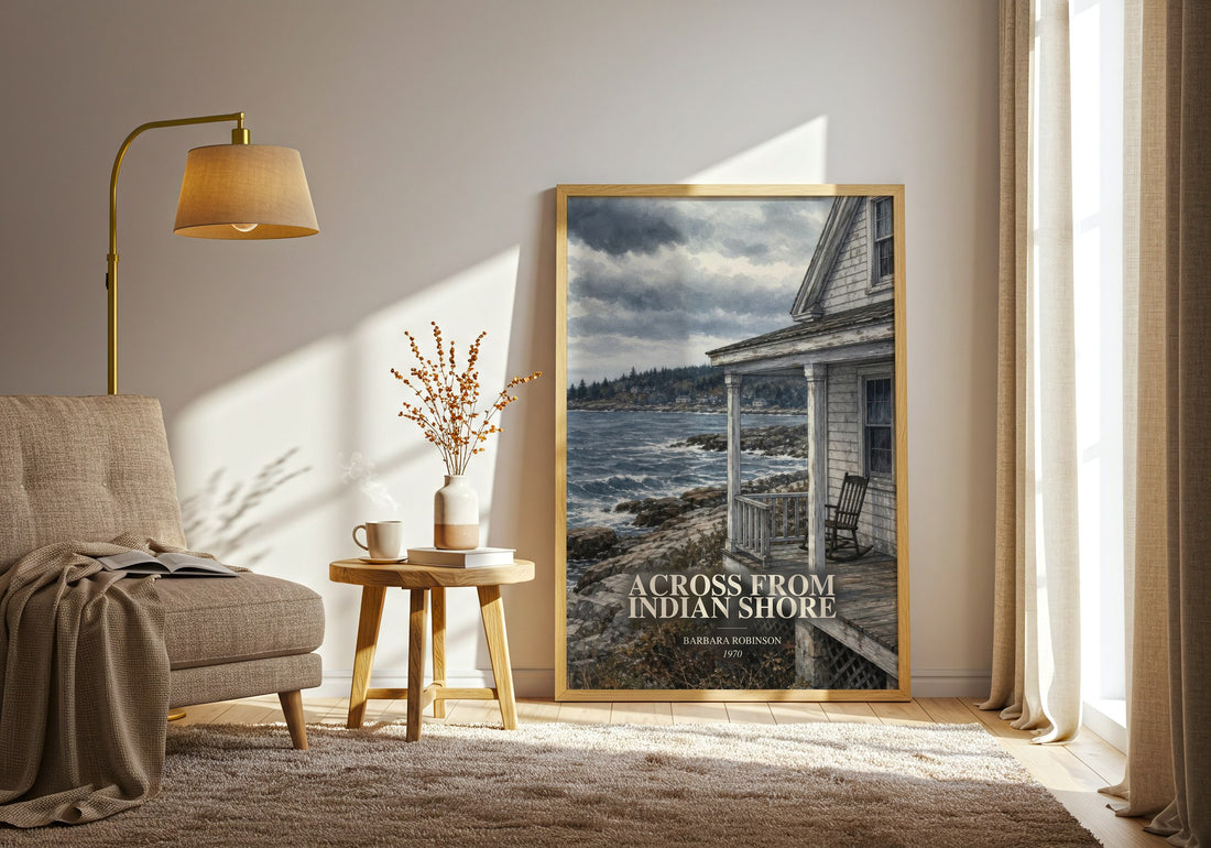 Across From Indian Shore watercolour print in frame leaning in hallway – childrens wall art (mockup)