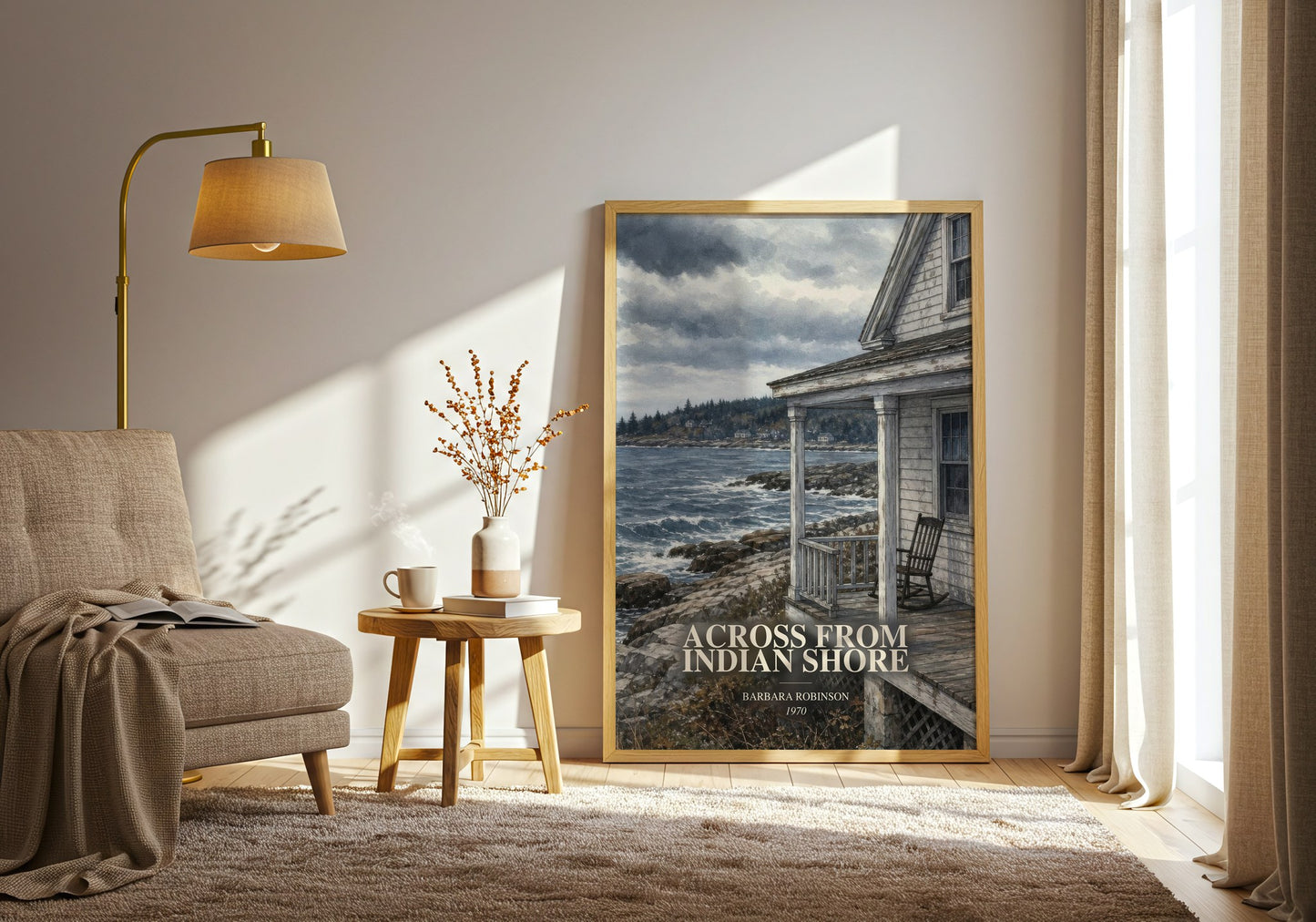 Across From Indian Shore watercolour print in frame leaning in hallway – childrens wall art