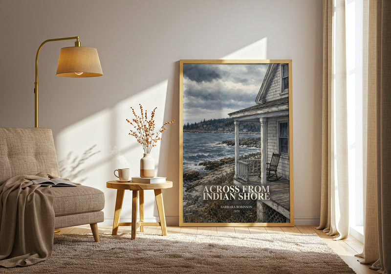 Across From Indian Shore watercolour print in frame leaning in hallway – childrens wall art