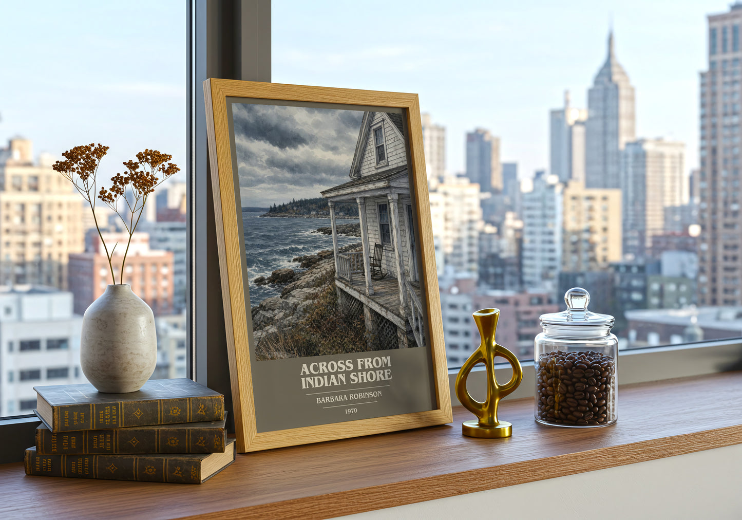 Across From Indian Shore book cover print framed by window – literary home decor