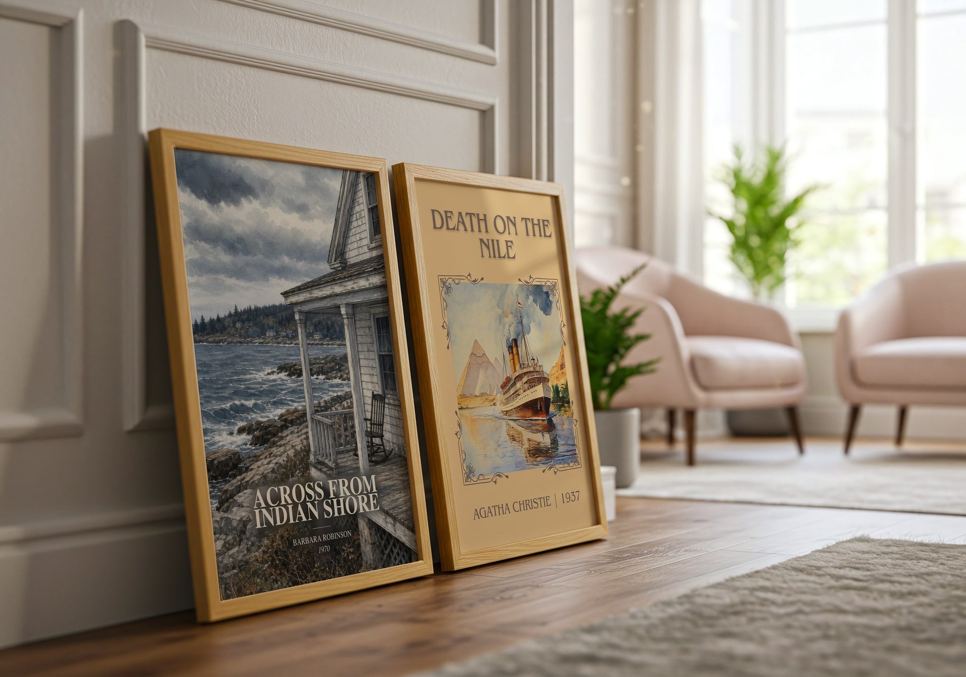 Across From Indian Shore watercolour print framed by window – literary home decor
