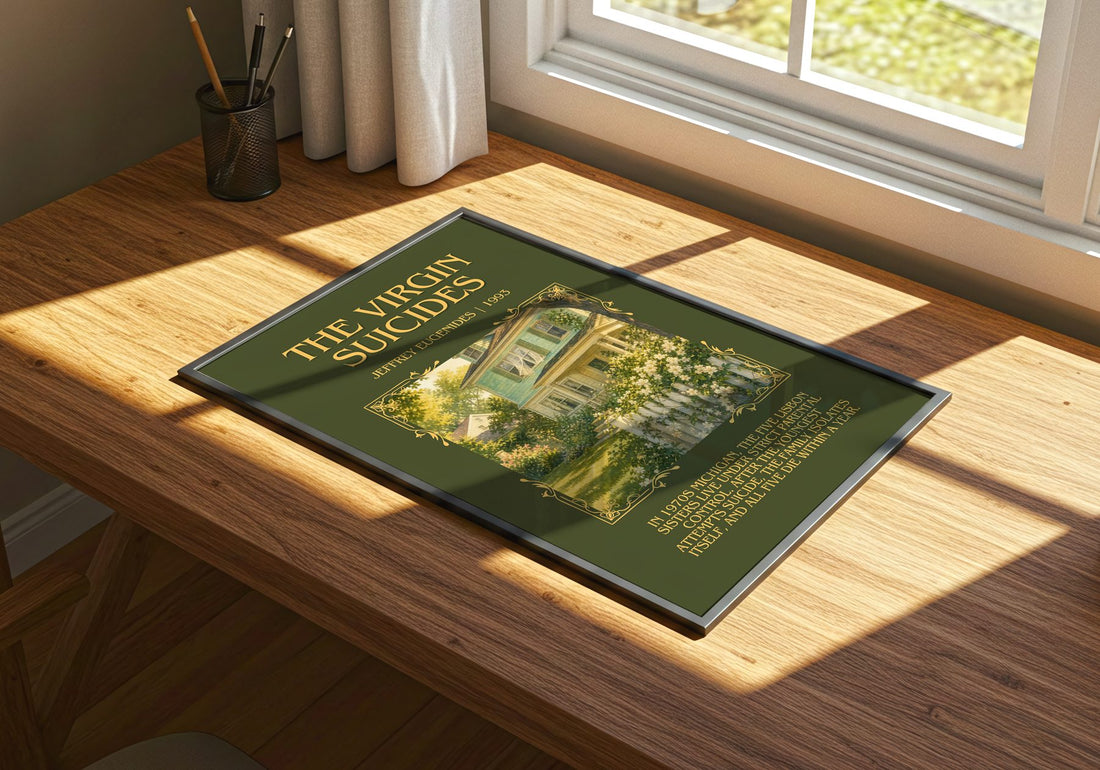 The Virgin Suicides Minimalist Book Poster by Jeffrey Eugenides – print on a sunlit desk