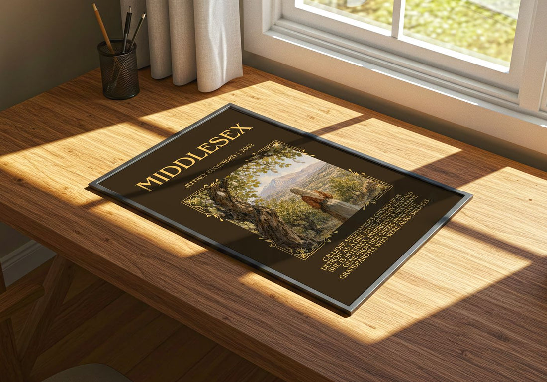Middlesex Minimalist Book Poster by Jeffrey Eugenides – print on a sunlit desk