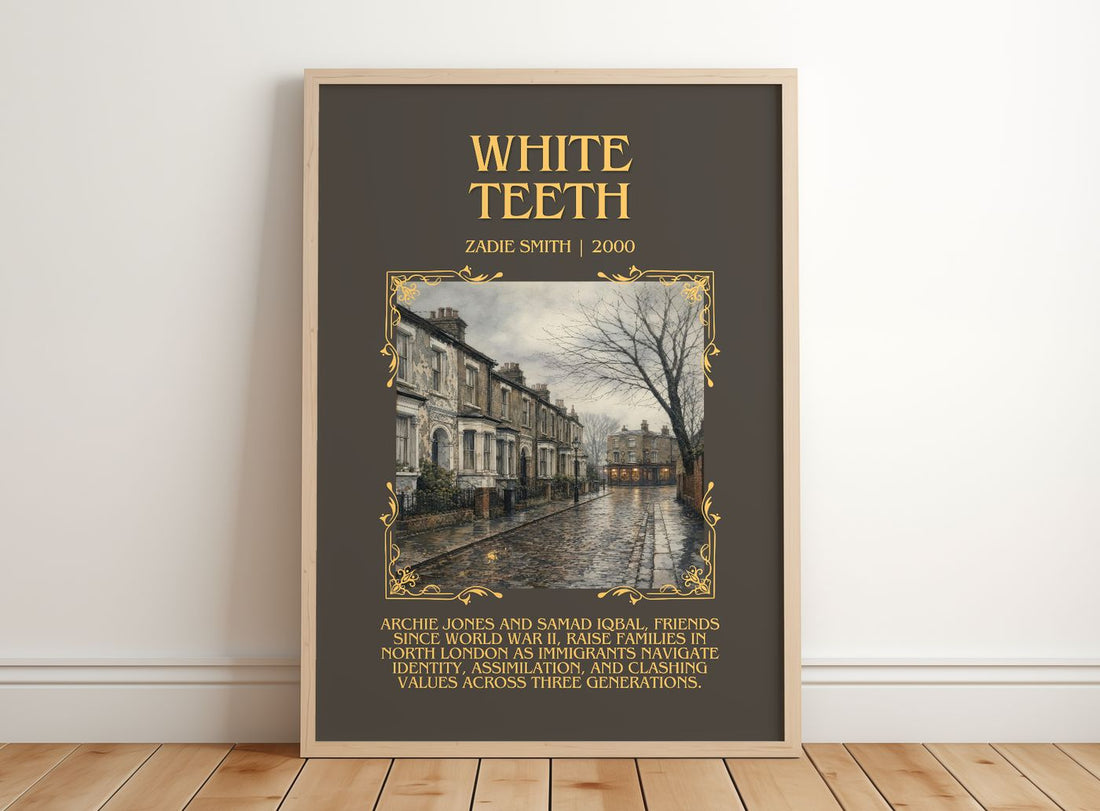 White Teeth Minimalist Book Poster by Zadie Smith – framed print leaning on a wooden floor