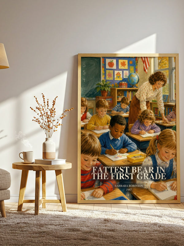 Fattest Bear In The First Grade watercolour print in frame leaning in hallway – childrens wall art