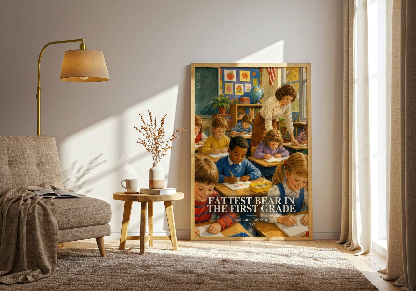 Fattest Bear In The First Grade watercolour print in frame leaning in hallway – childrens wall art