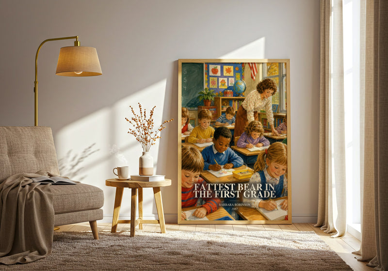 Fattest Bear In The First Grade watercolour print in frame leaning in hallway – childrens wall art