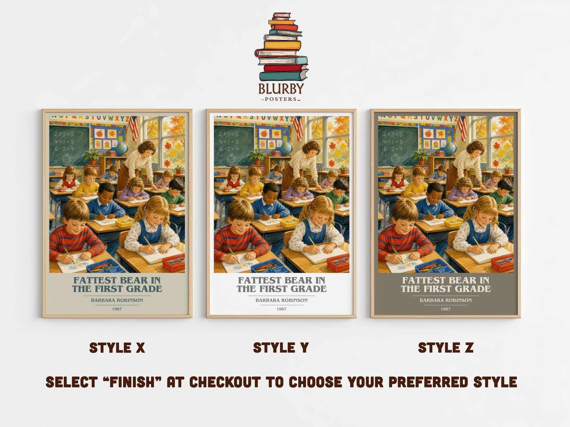 Fattest Bear In The First Grade book cover print in frame leaning in hallway – childrens wall art