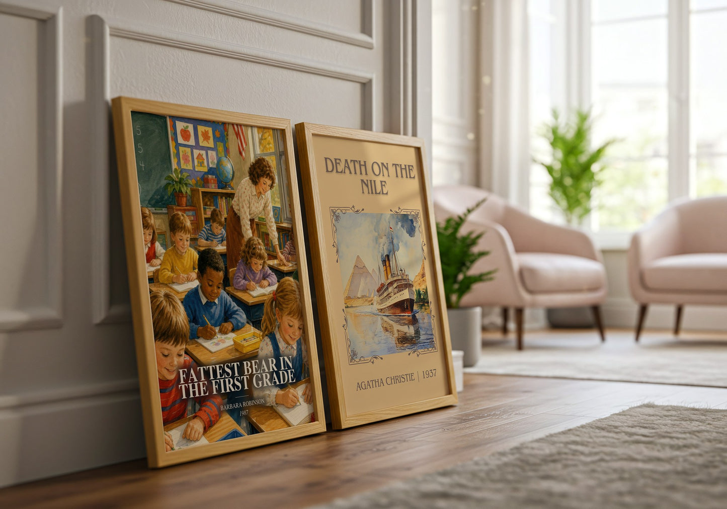 Fattest Bear In The First Grade watercolour print framed by window – literary home decor