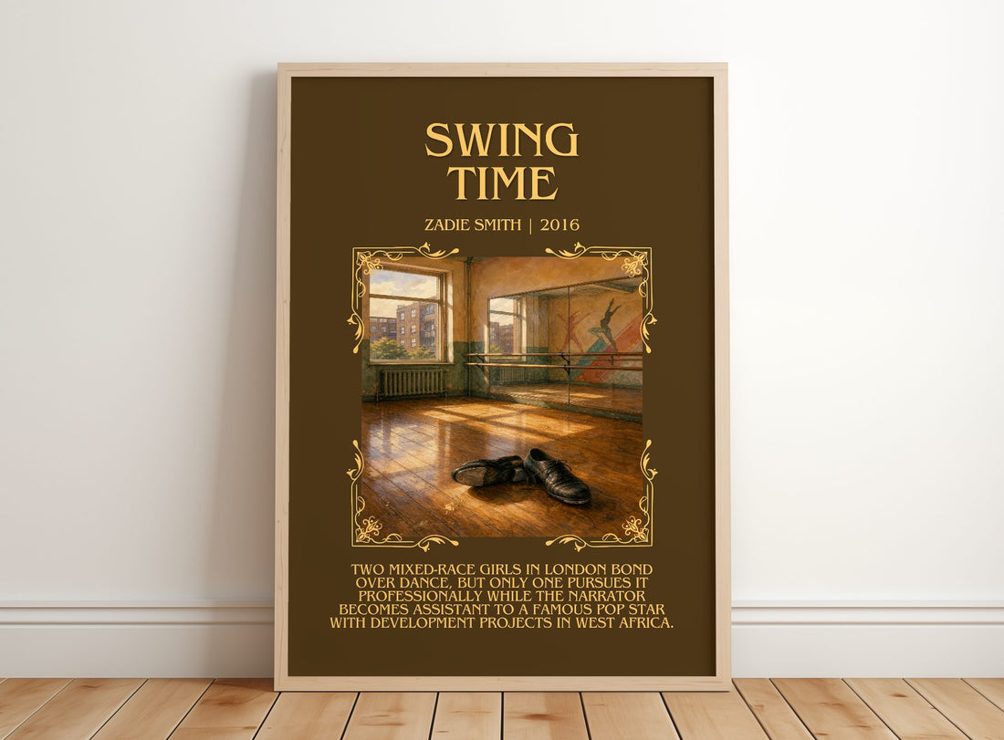 Swing Time Minimalist Book Poster by Zadie Smith – framed print leaning on a wooden floor