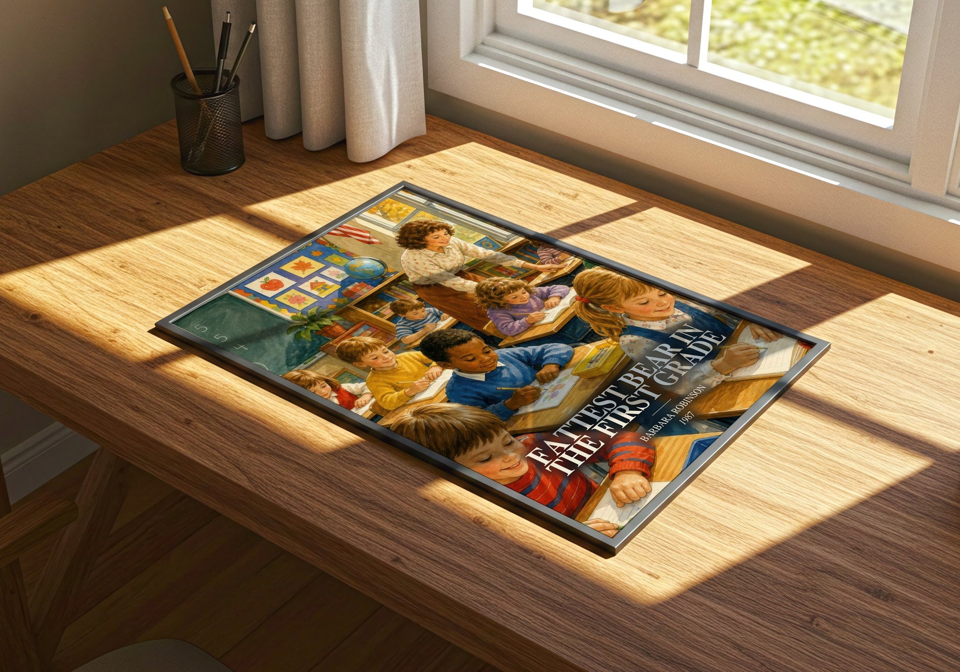 Fattest Bear In The First Grade watercolour book poster framed on wall – childrens wall art