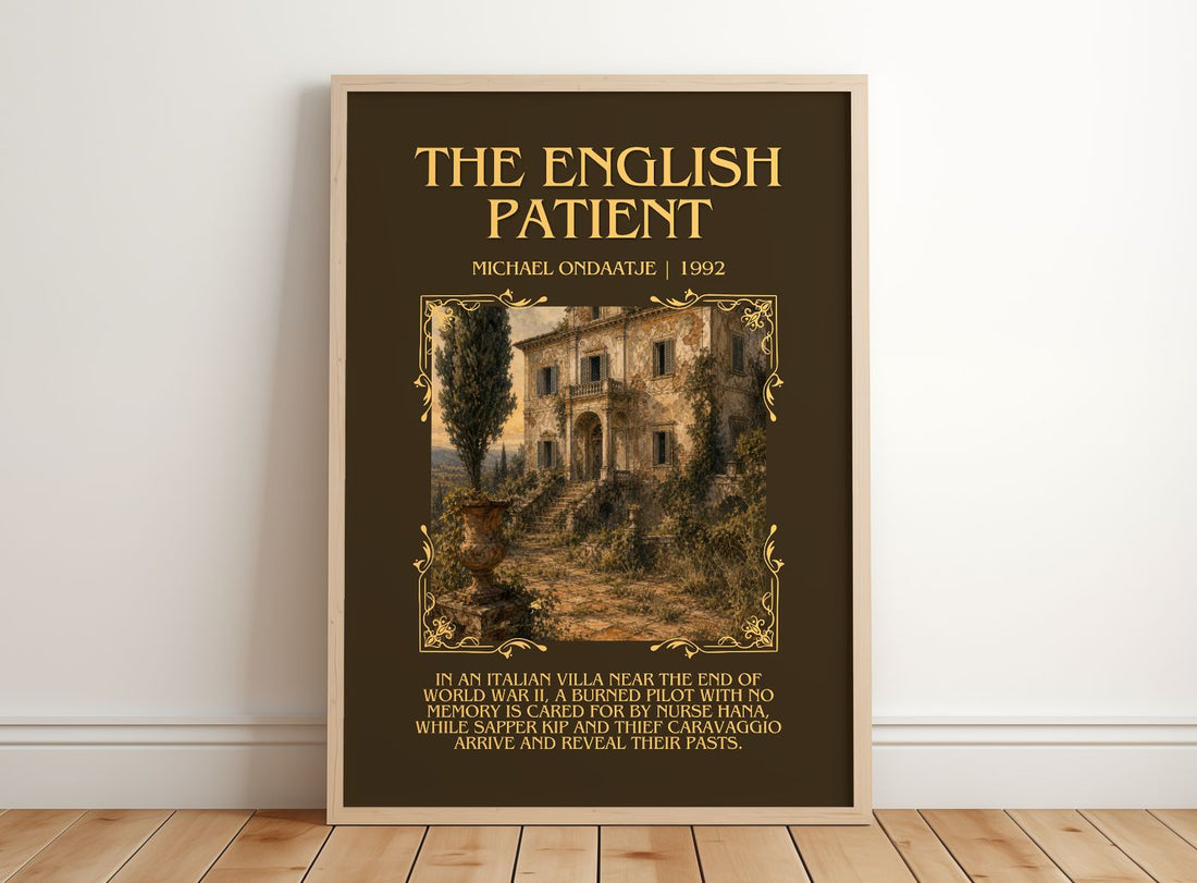 The English Patient Minimalist Book Poster by Michael Ondaatje – framed print leaning on a wooden floor