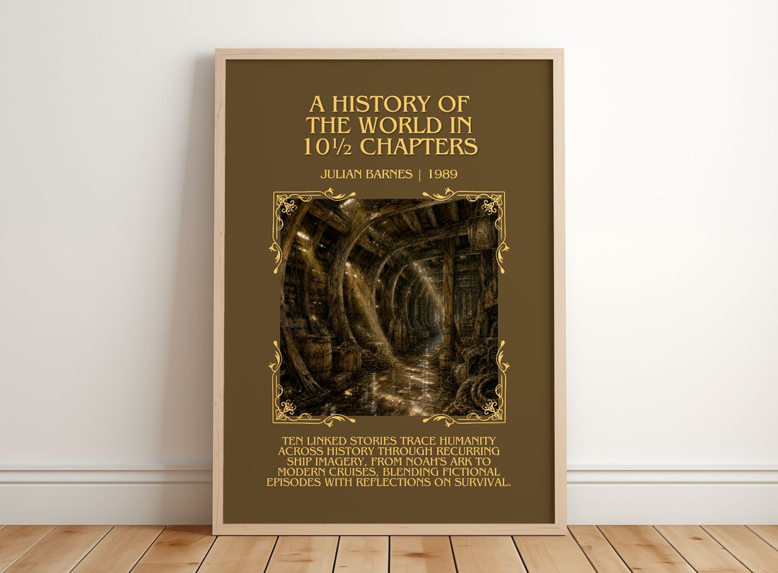 History of the World in 10½ Chapters Minimalist Book Poster – framed print leaning on a wooden floor