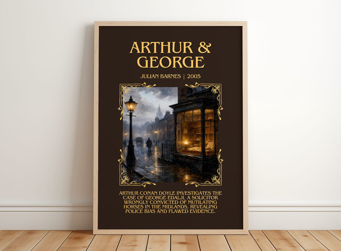 Arthur & George Minimalist Book Poster by Julian Barnes – framed print leaning on a wooden floor