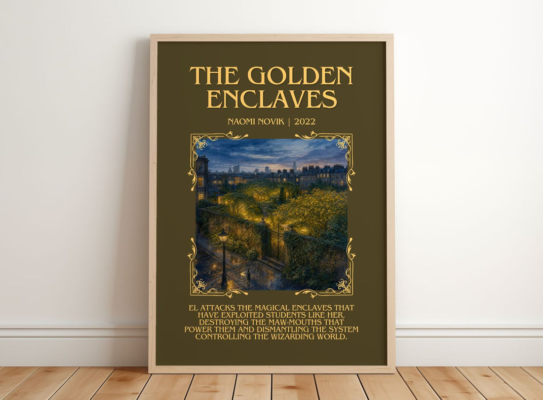 The Golden Enclaves Minimalist Book Poster by Naomi Novik – framed print leaning on a wooden floor