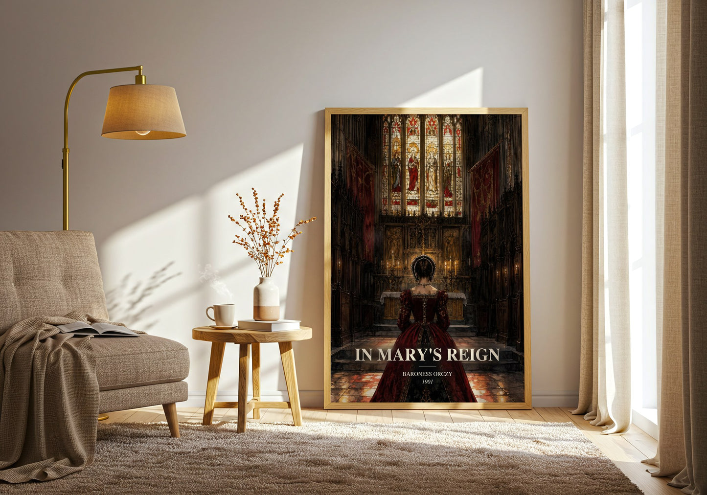 In Mary'S Reign watercolour print in frame leaning in hallway – historical fiction wall art