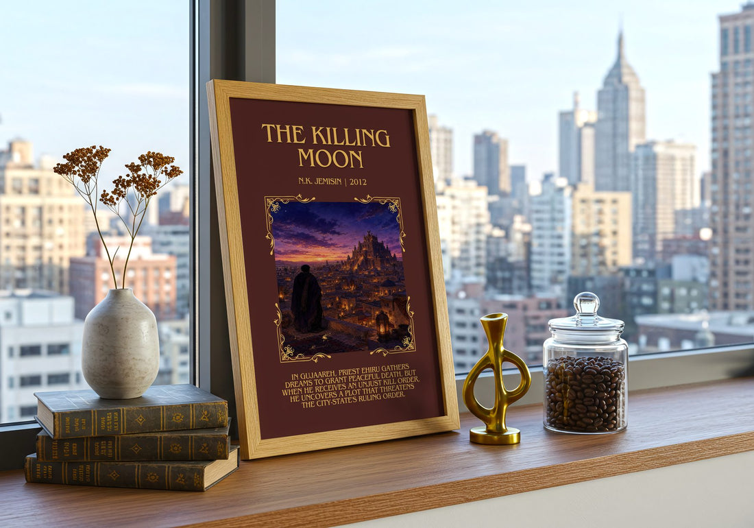 The Killing Moon Minimalist Book Poster by N.K. Jemisin – framed print on a city-view windowsill
