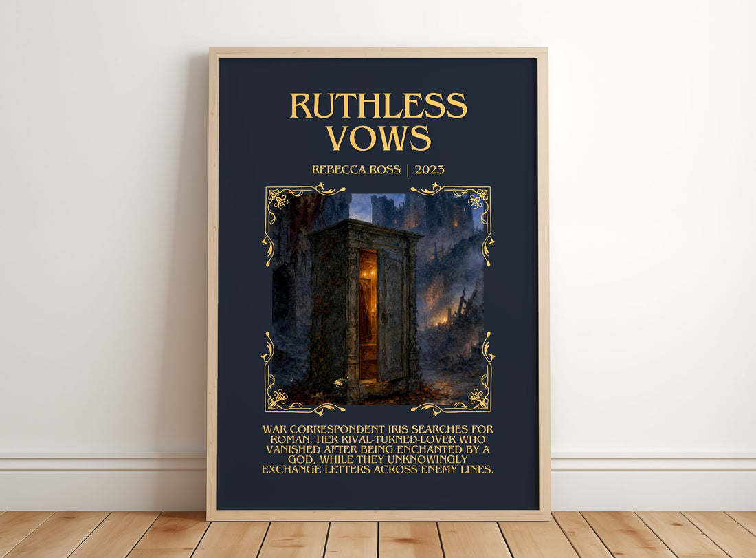 Ruthless Vows Minimalist Book Poster by Rebecca Ross – framed print leaning on a wooden floor