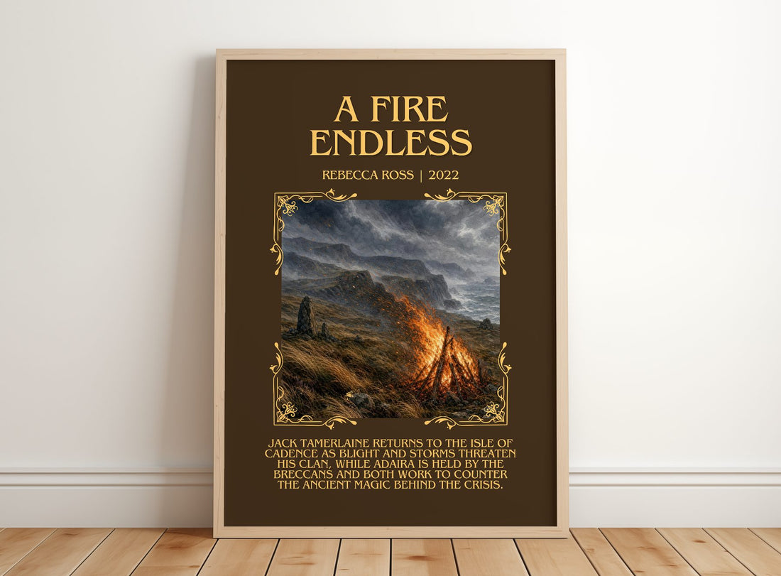 A Fire Endless Minimalist Book Poster by Rebecca Ross – framed print leaning on a wooden floor