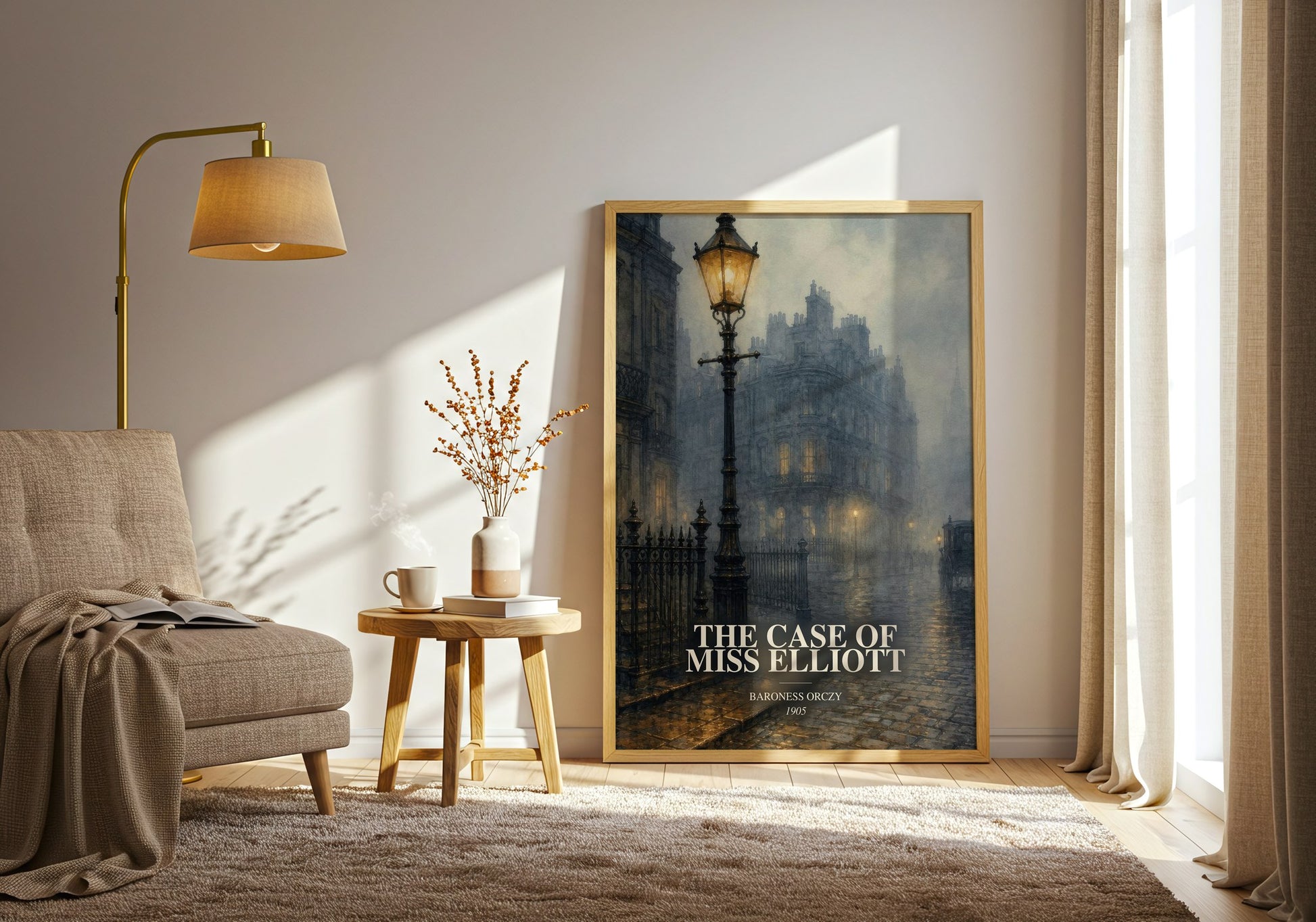 The Case Of Miss Elliott watercolour print in frame leaning in hallway – mystery wall art