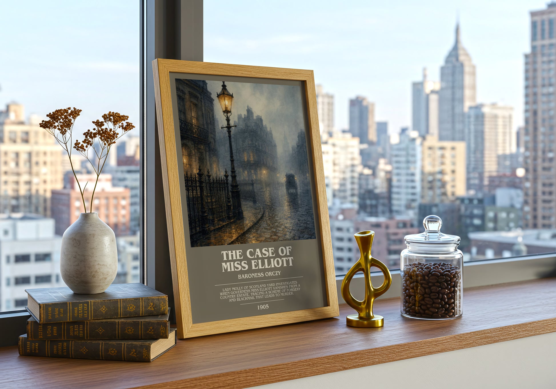 The Case Of Miss Elliott bookish print framed by window – literary home decor