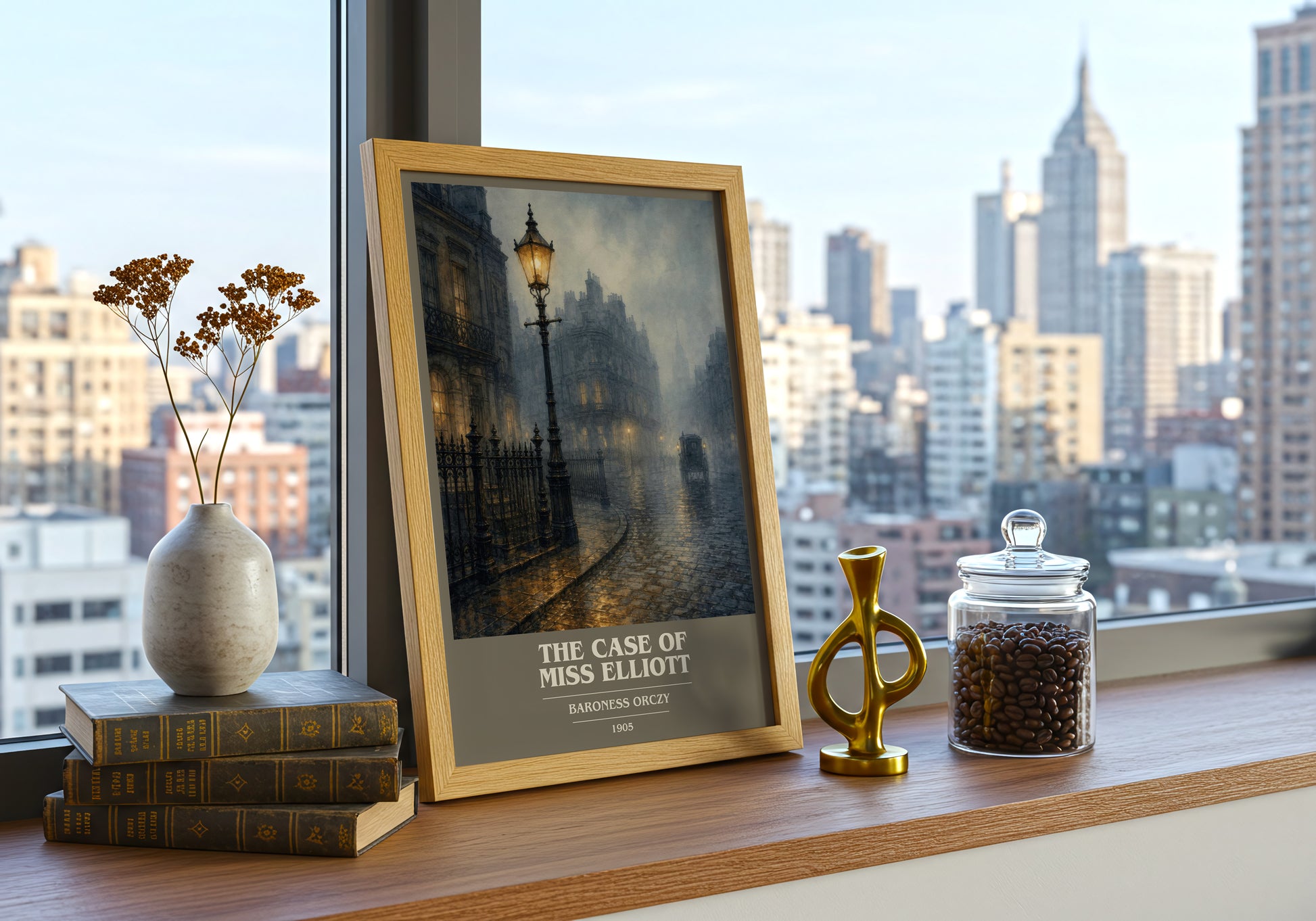 The Case Of Miss Elliott book cover print framed by window – literary home decor