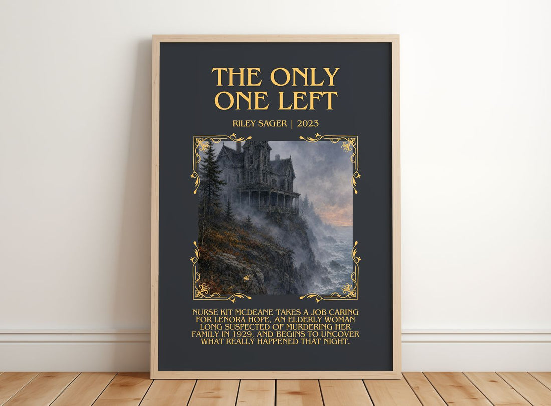 The Only One Left Minimalist Book Poster by Riley Sager – framed print leaning on a wooden floor