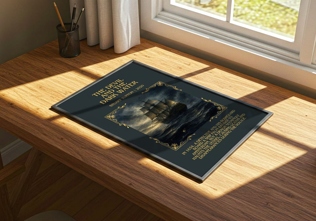 The Devil and the Dark Water Minimalist Book Poster by Stuart Turton – print on a sunlit desk