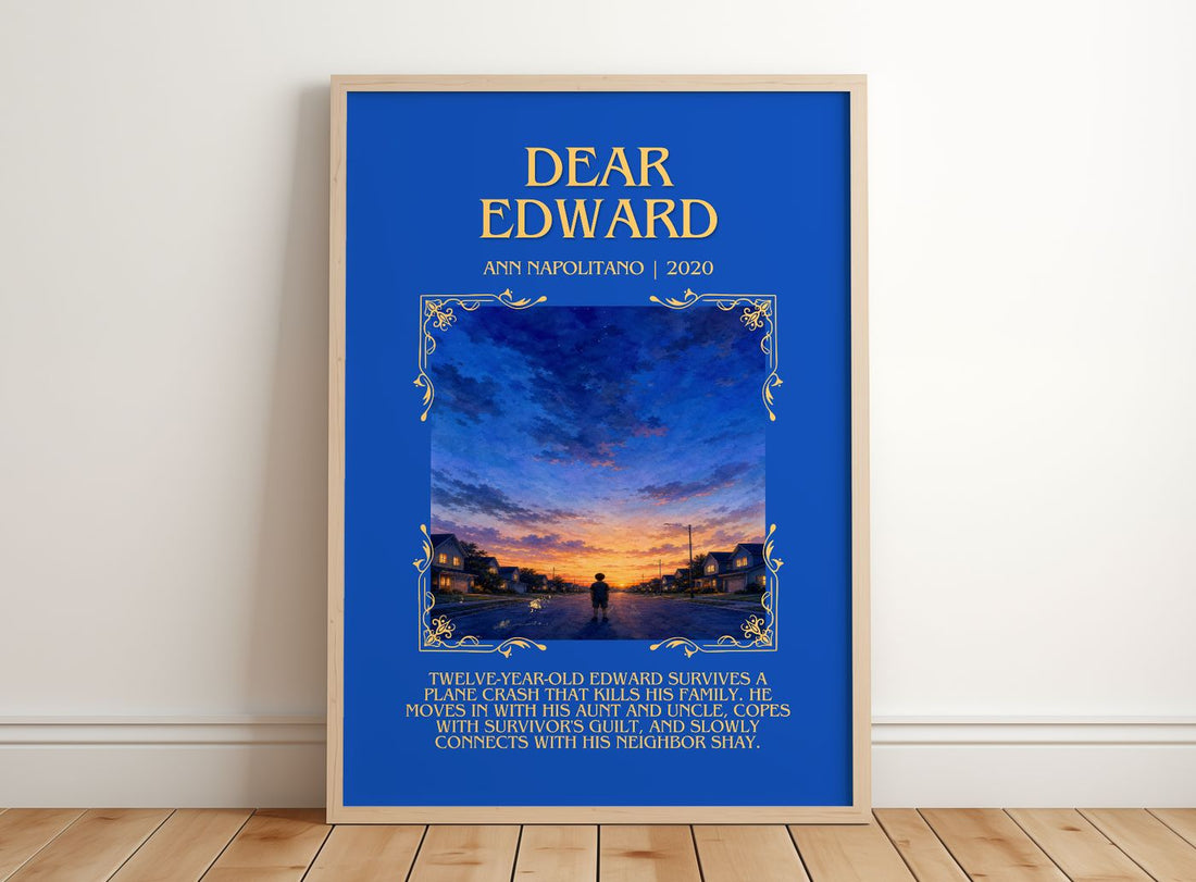 Dear Edward Minimalist Book Poster by Ann Napolitano – framed print leaning on a wooden floor