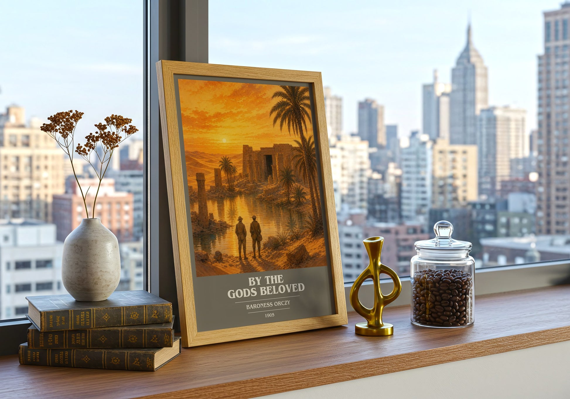 By The Gods Beloved book cover print framed by window – literary home decor