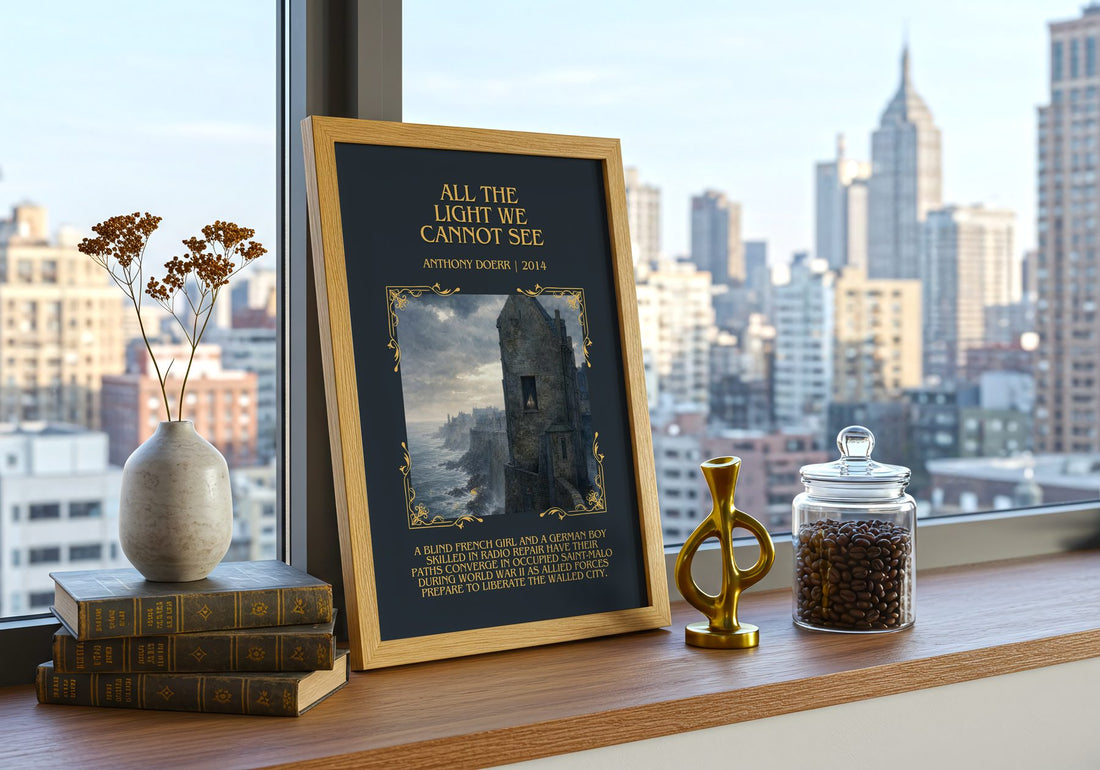 All the Light We Cannot See Minimalist Book Poster by Anthony Doerr – framed print on a city-view windowsill