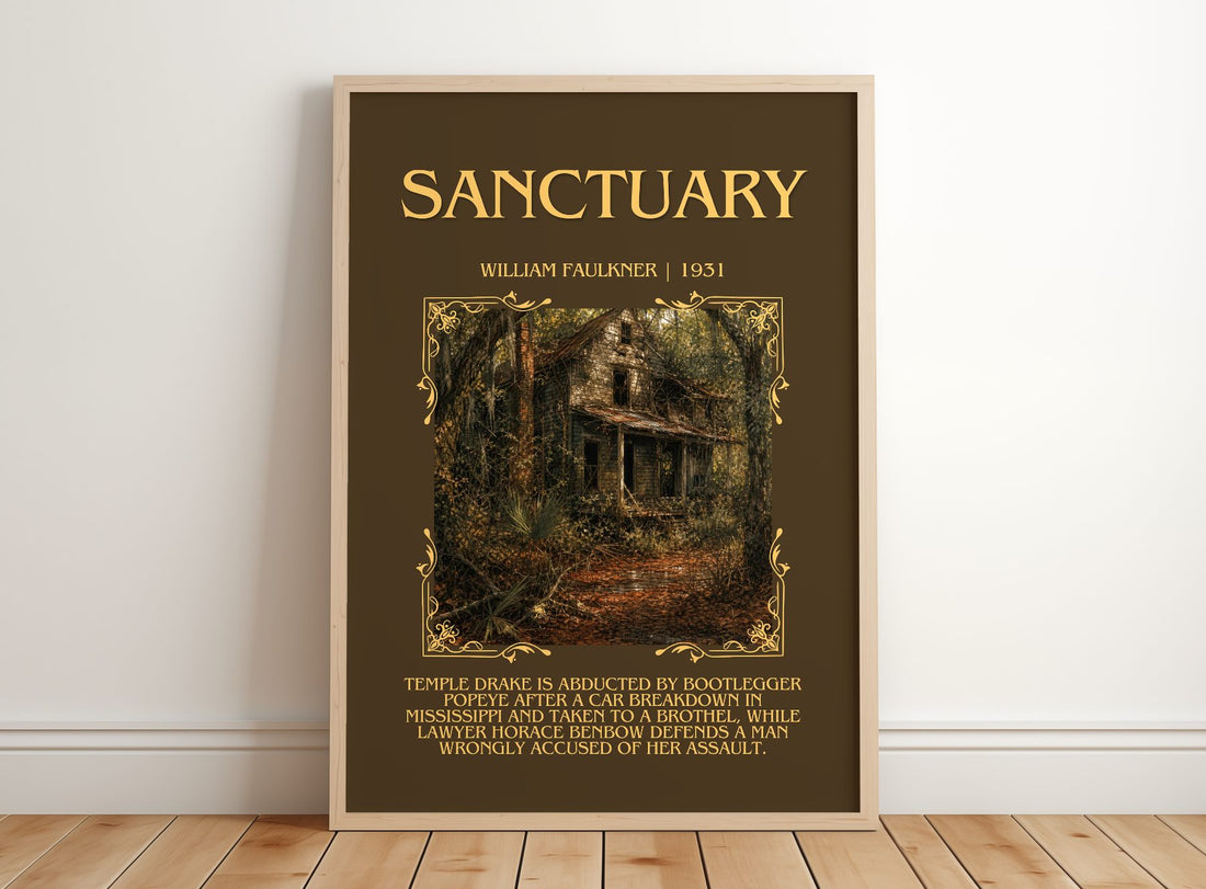 Sanctuary Minimalist Book Poster by William Faulkner – framed print leaning on a wooden floor