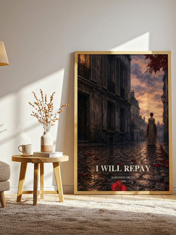 I Will Repay watercolour print in frame leaning in hallway – historical fiction wall art