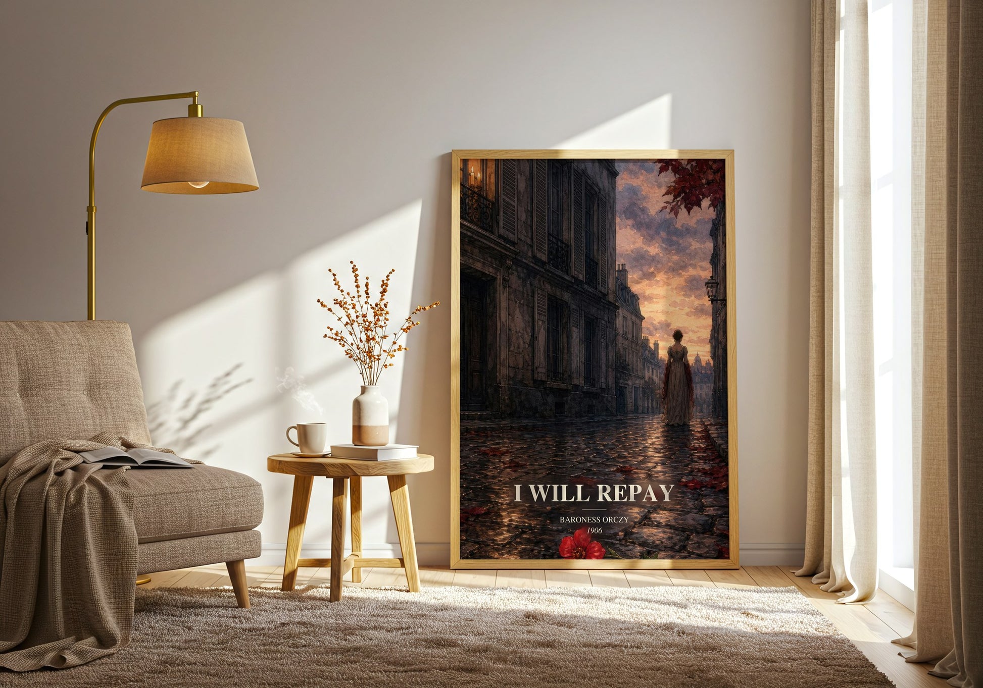 I Will Repay watercolour print in frame leaning in hallway – historical fiction wall art