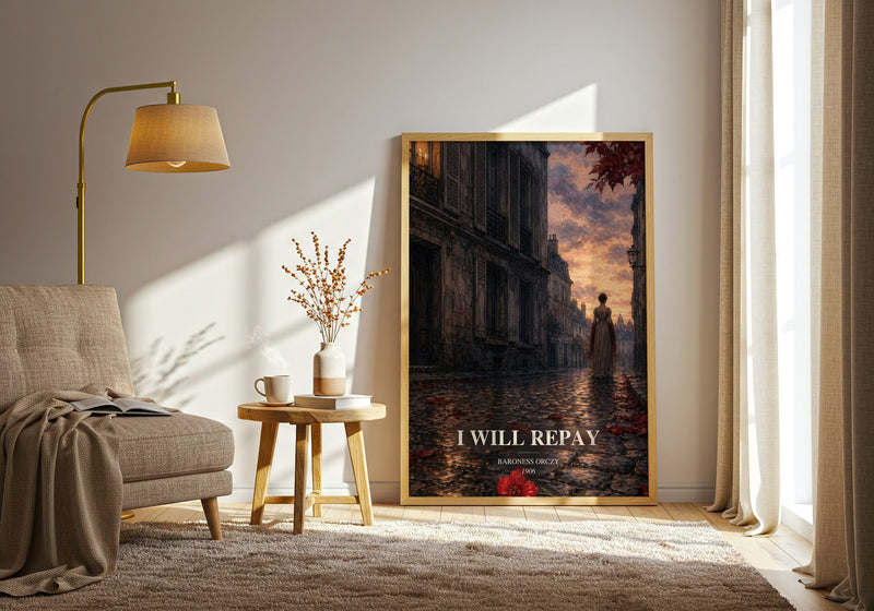 I Will Repay watercolour print in frame leaning in hallway – historical fiction wall art