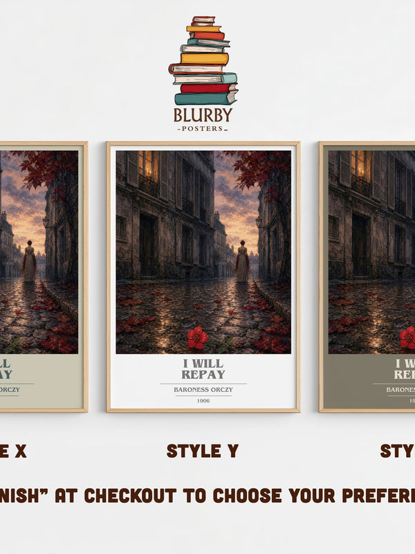 I Will Repay book cover print in frame leaning in hallway – historical fiction wall art