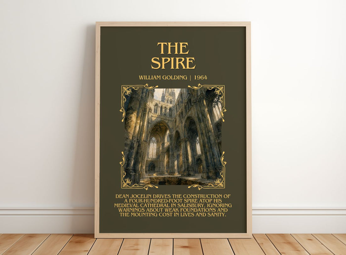 The Spire Minimalist Book Poster by William Golding – framed print leaning on a wooden floor