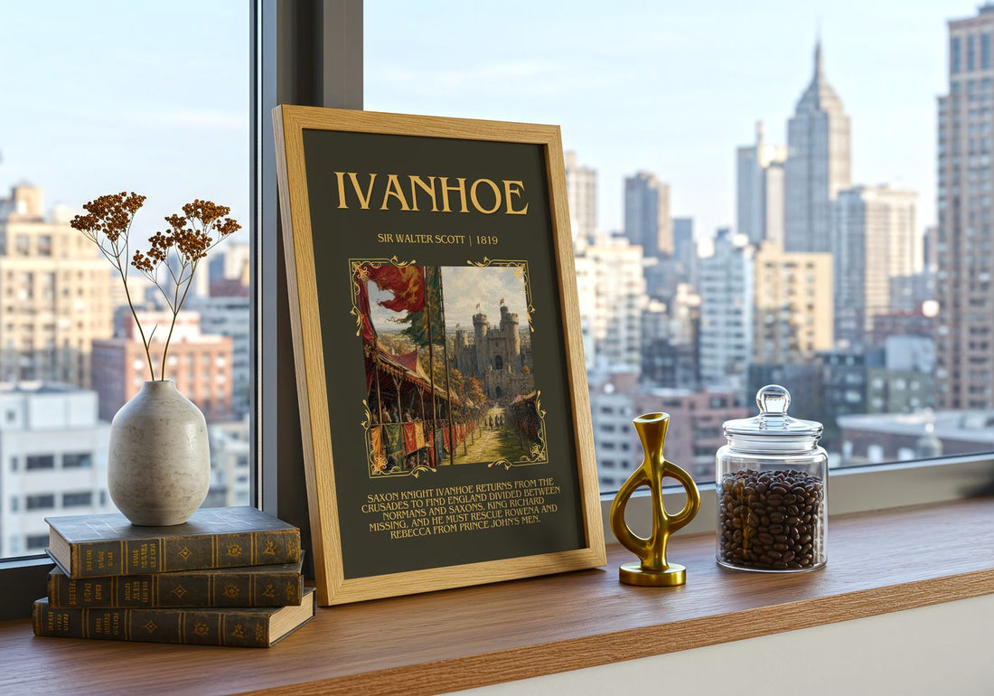 Ivanhoe Minimalist Book Poster by Sir Walter Scott – framed print on a city-view windowsill