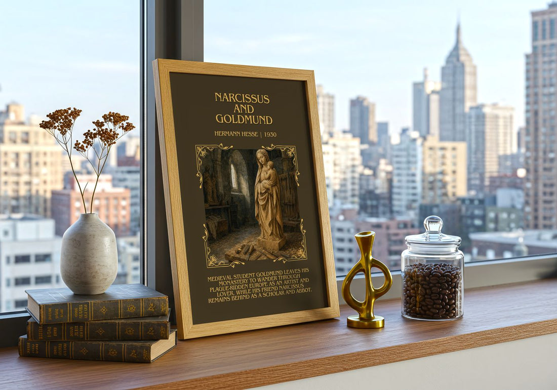 Narcissus and Goldmund Minimalist Book Poster by Hermann Hesse – framed print on a city-view windowsill