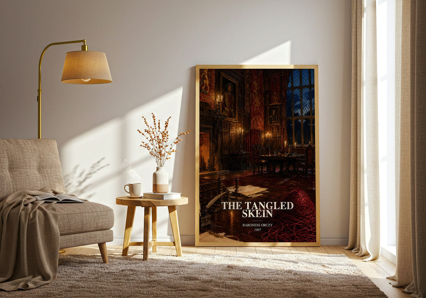 The Tangled Skein watercolour print in frame leaning in hallway – historical fiction wall art