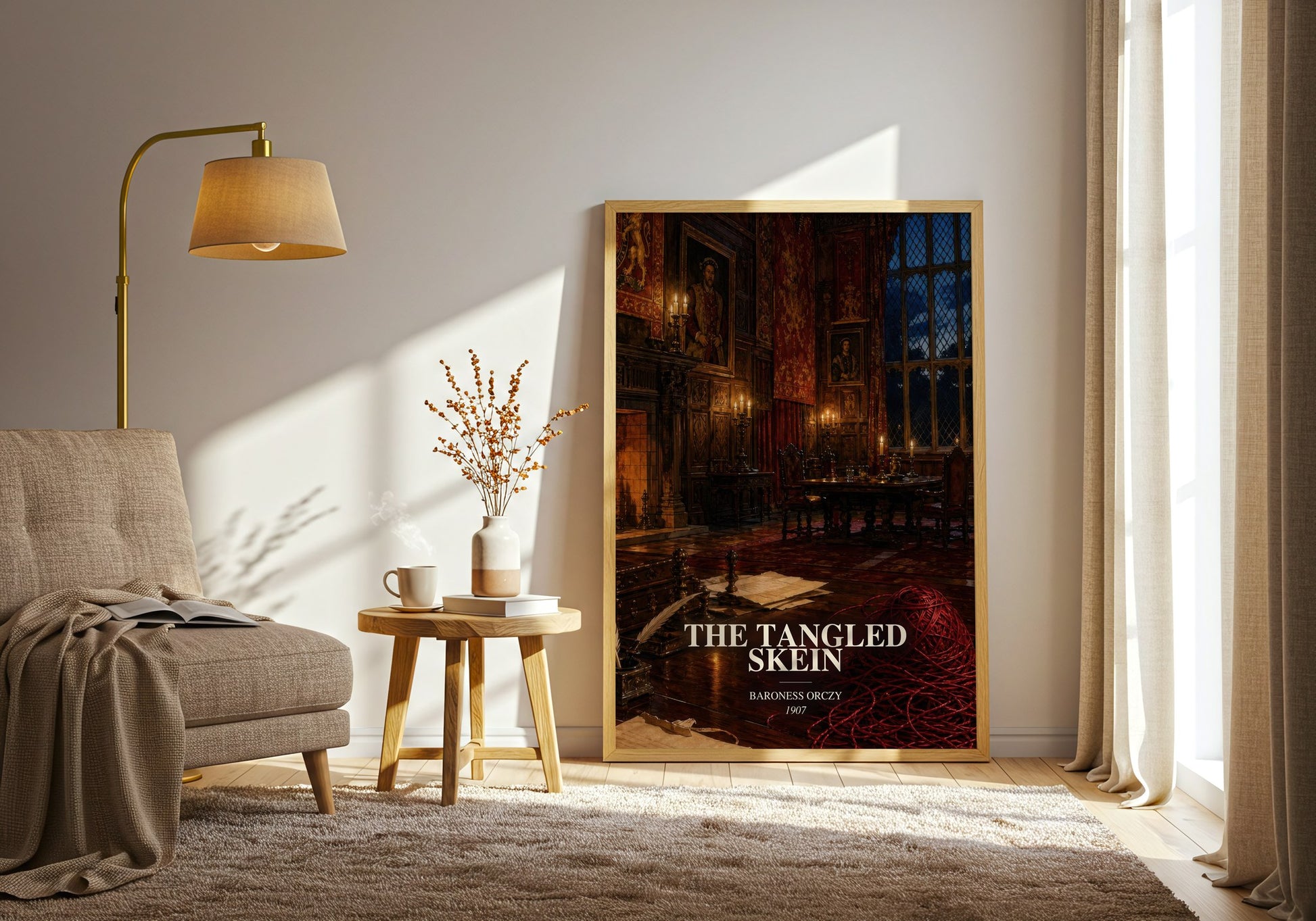 The Tangled Skein watercolour print in frame leaning in hallway – historical fiction wall art