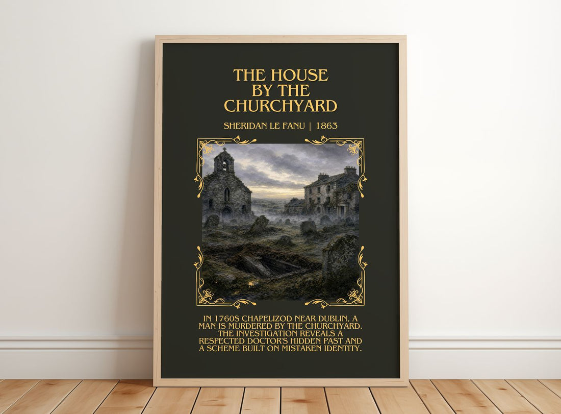 The House by the Churchyard Minimalist Book Poster by Sheridan Le Fanu – framed print leaning on a wooden floor