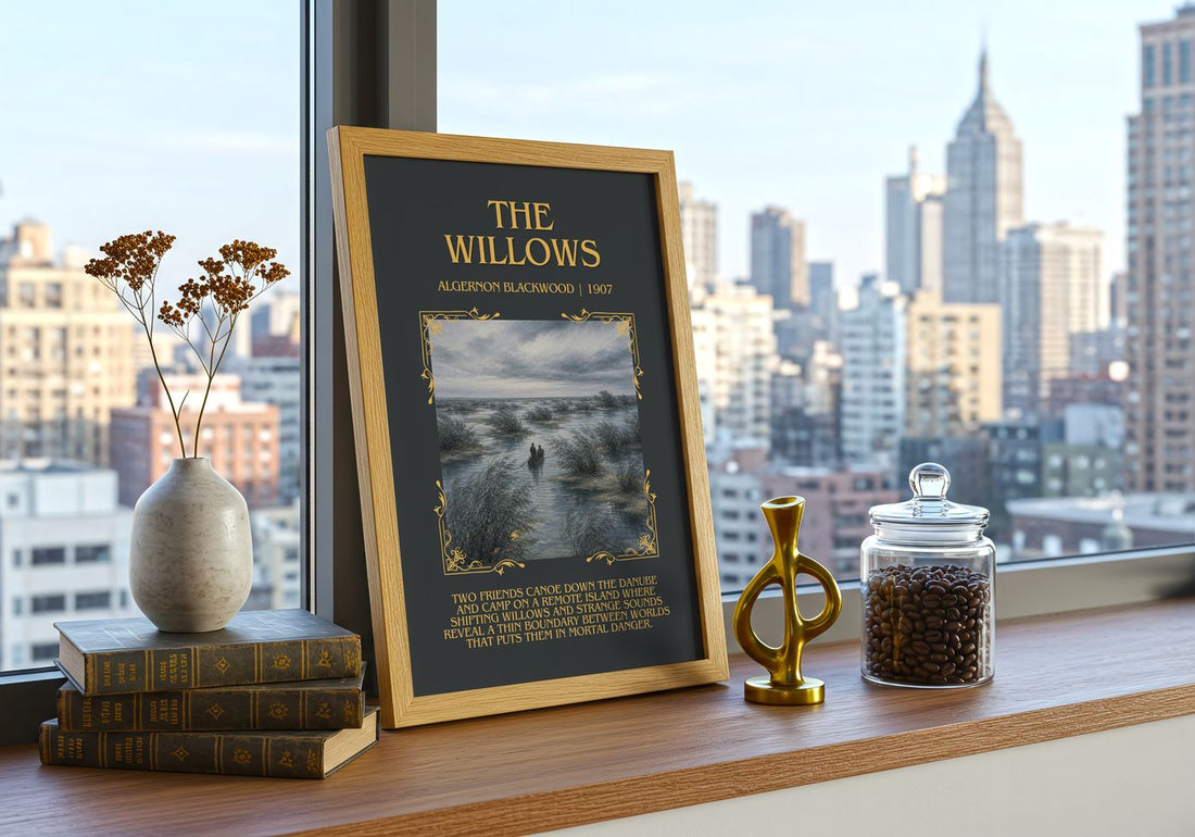 The Willows Minimalist Book Poster by Algernon Blackwood – framed print on a city-view windowsill