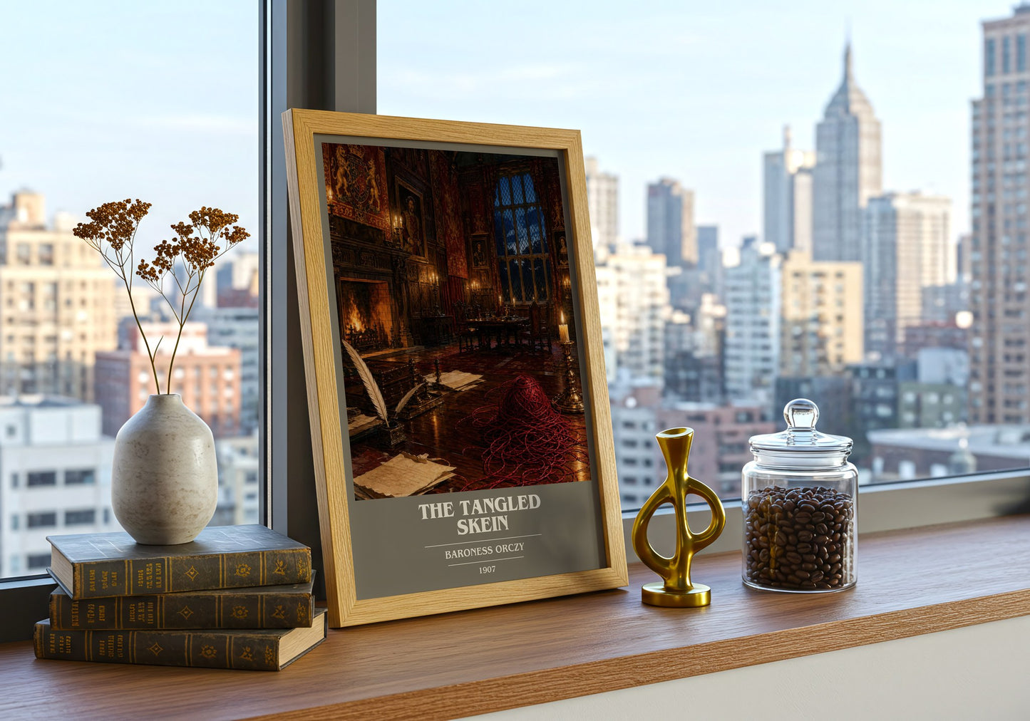 The Tangled Skein book cover print framed by window – literary home decor