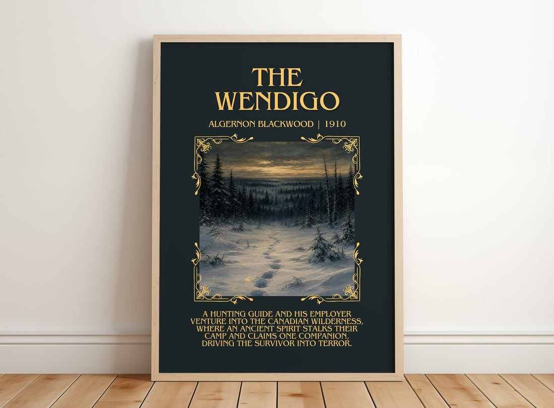 The Wendigo Minimalist Book Poster by Algernon Blackwood – framed print leaning on a wooden floor