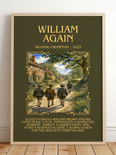 William Again Minimalist Book Poster by Richmal Crompton – framed print leaning on a wooden floor