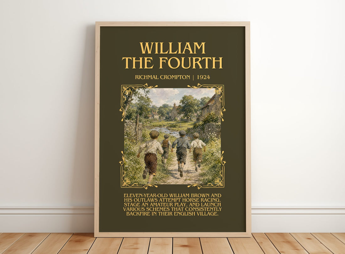 William the Fourth Minimalist Book Poster by Richmal Crompton – framed print leaning on a wooden floor