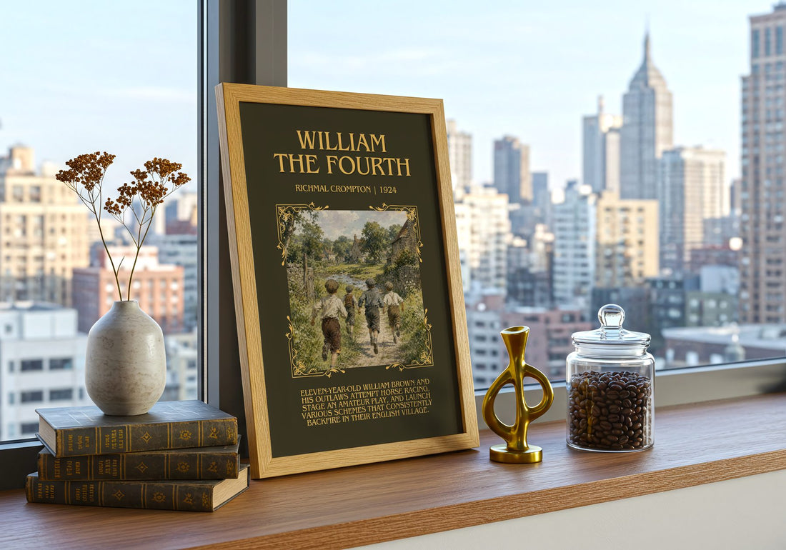 William the Fourth Minimalist Book Poster by Richmal Crompton – framed print on a city-view windowsill