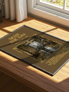 Seize the Day Minimalist Book Poster by Saul Bellow – print on a sunlit desk